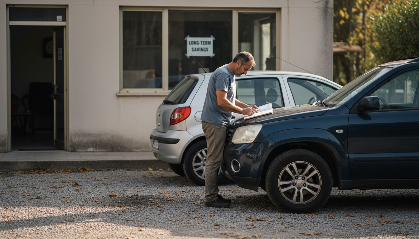 Man comparing compact and SUV outside agency