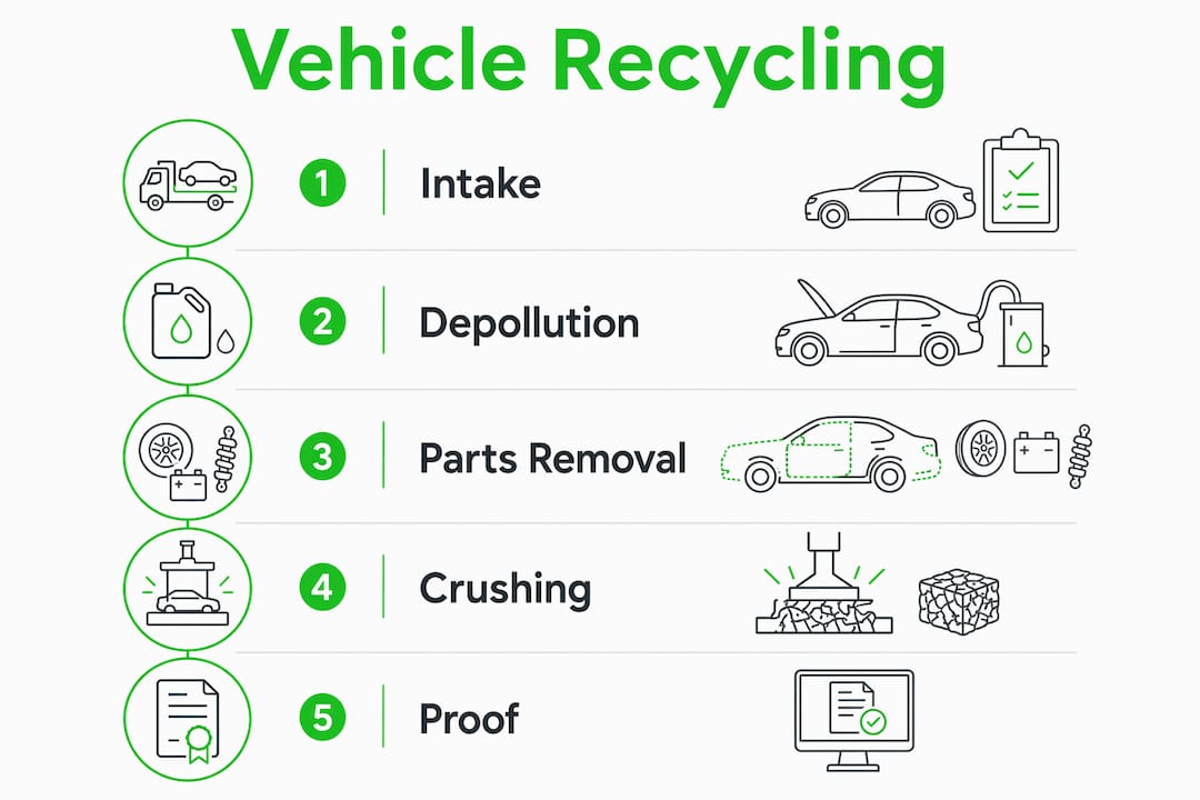 Infographic showing vehicle recycling process steps