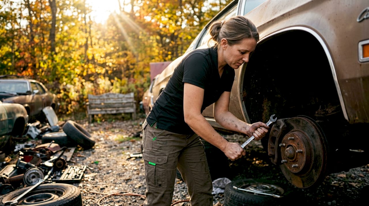 Mechanic removing brake part in salvage yard