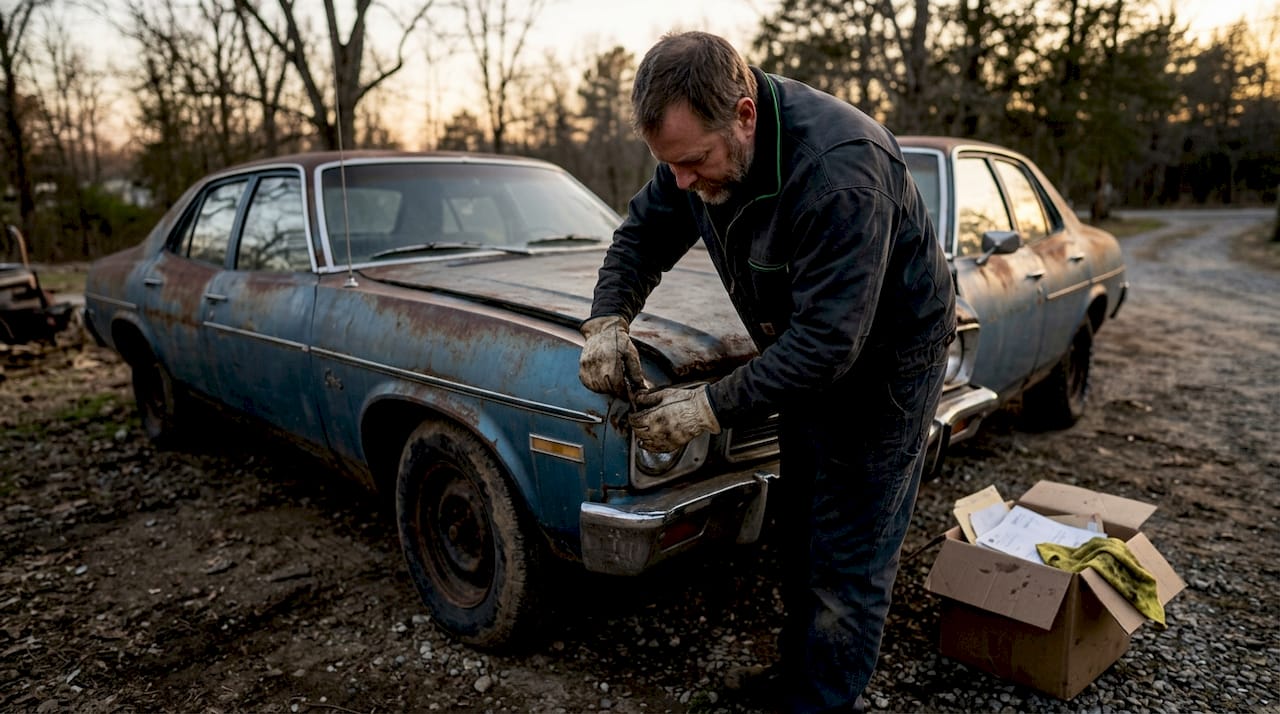 Hands securing junk car hood for pickup