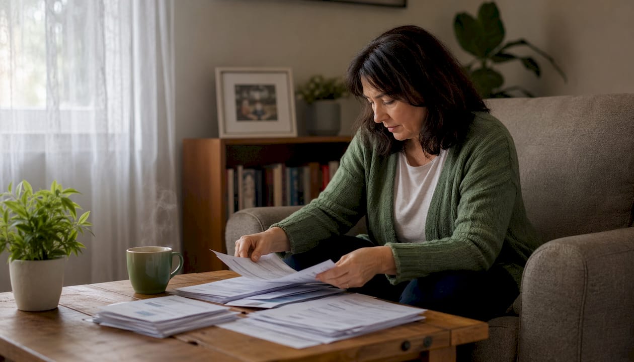 Woman organizing junk car buyer comparison sheets