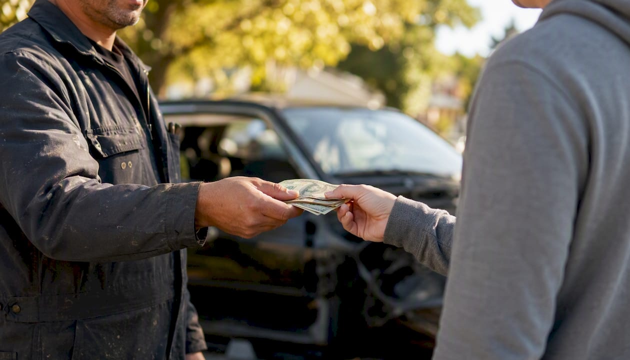 Cash payment exchanged at junk car pickup