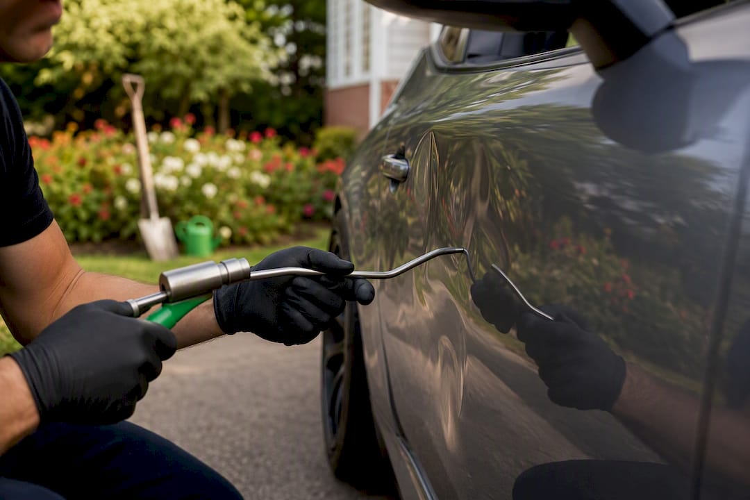 Gloved hand with PDR tool estimating car hail damage