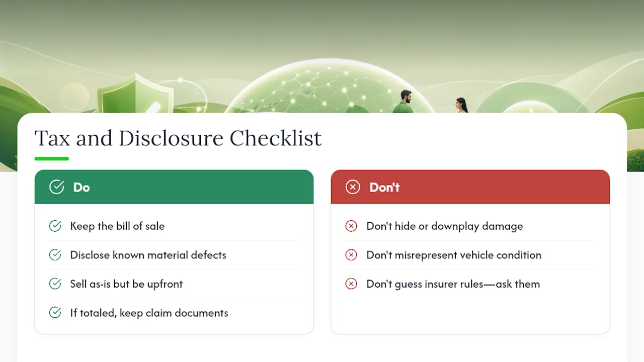 Tax Rules and Legal Disclosure When Selling a Damaged Vehicle — overview diagram