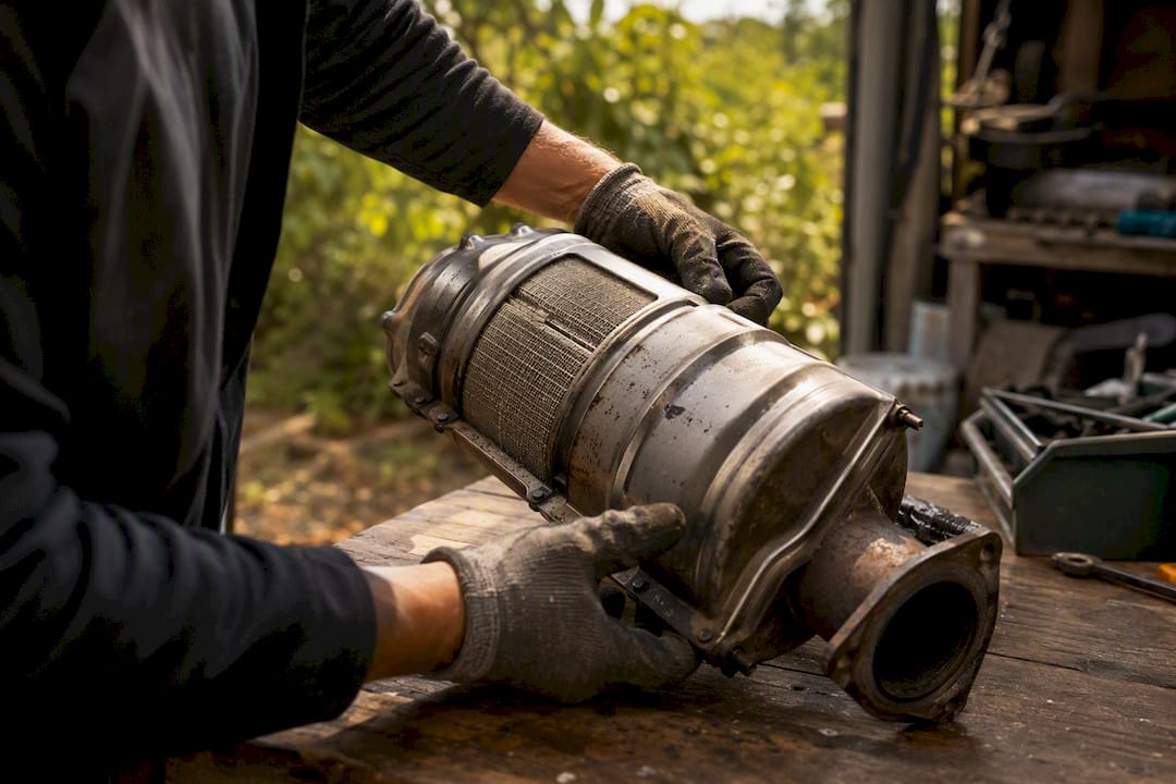 Hands inspecting catalytic converter part