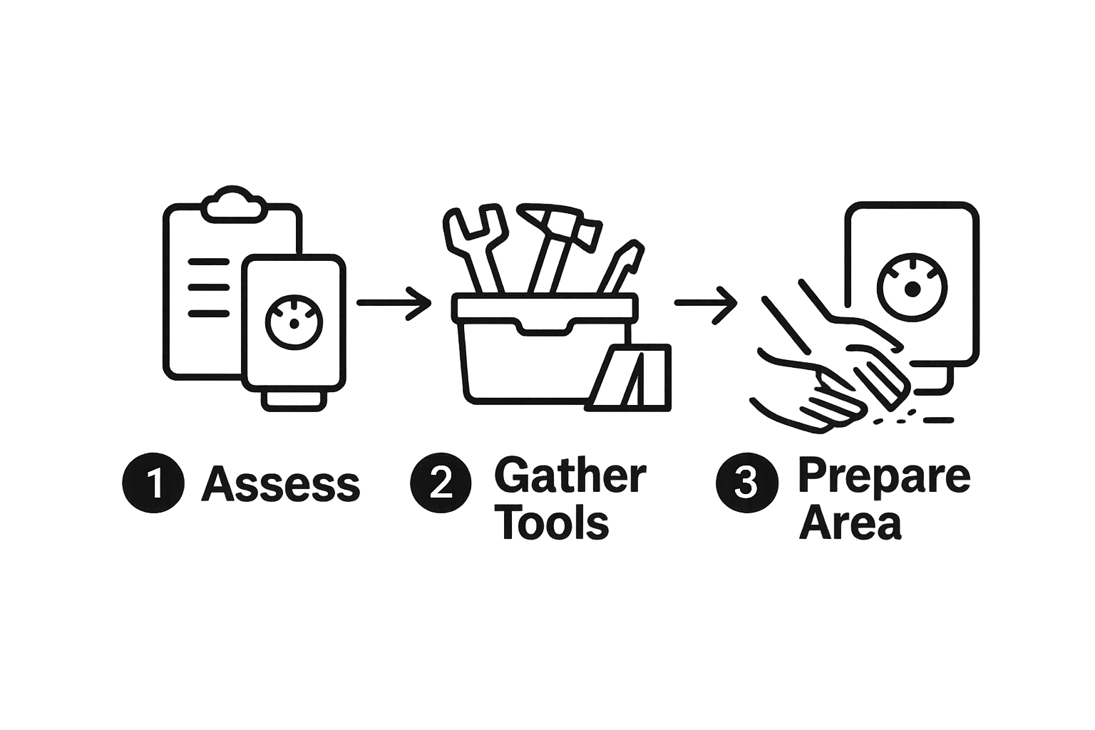 Infographic showing first three steps of boiler installation process: assess, gather tools, prepare area.