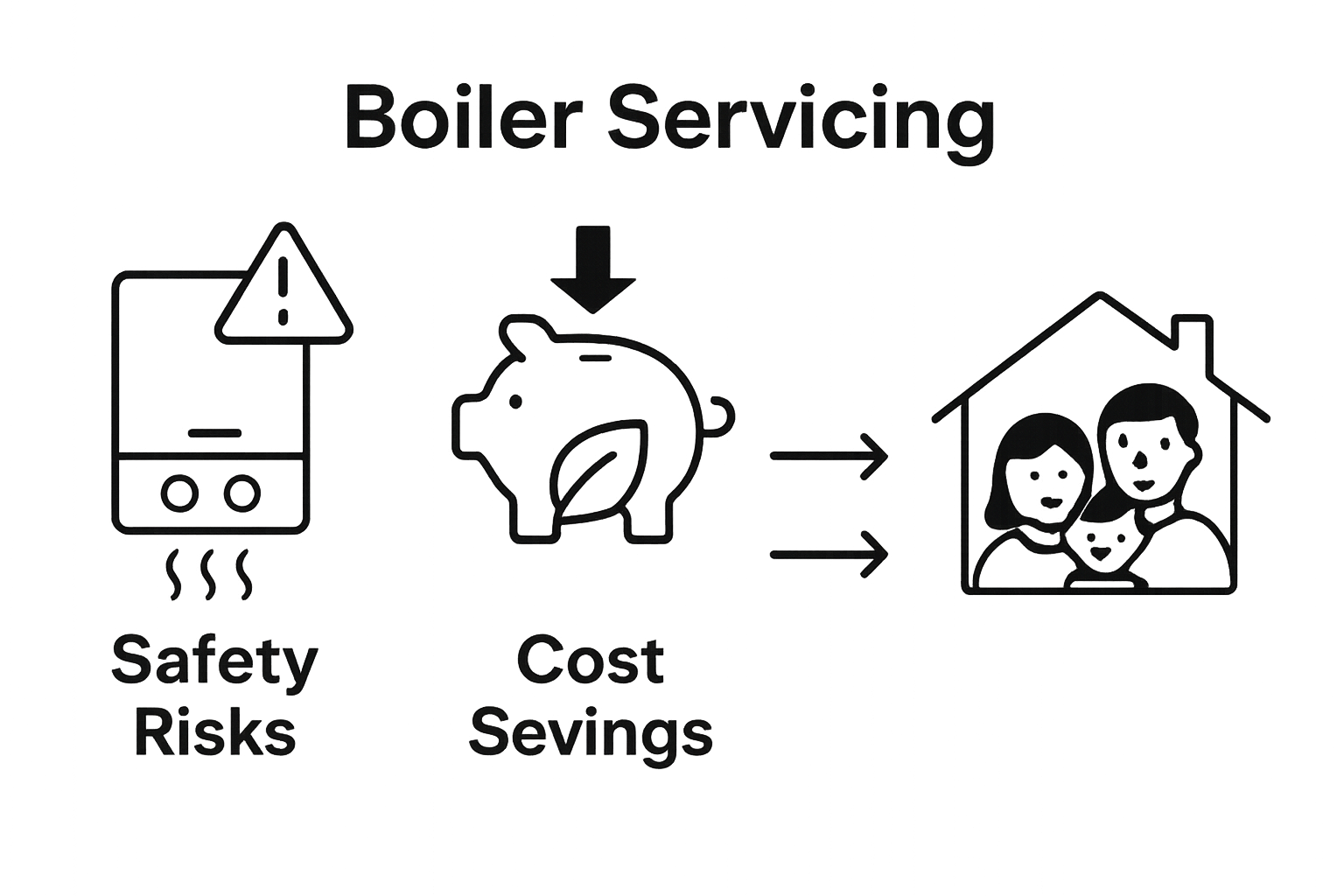 Icons showing safety, cost savings, and energy efficiency benefits of boiler servicing