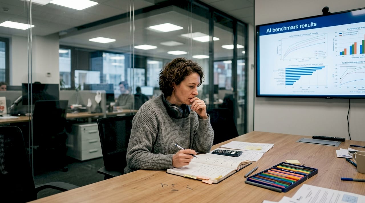 Une ingénieure spécialisée en intelligence artificielle examine des données sur un grand écran.