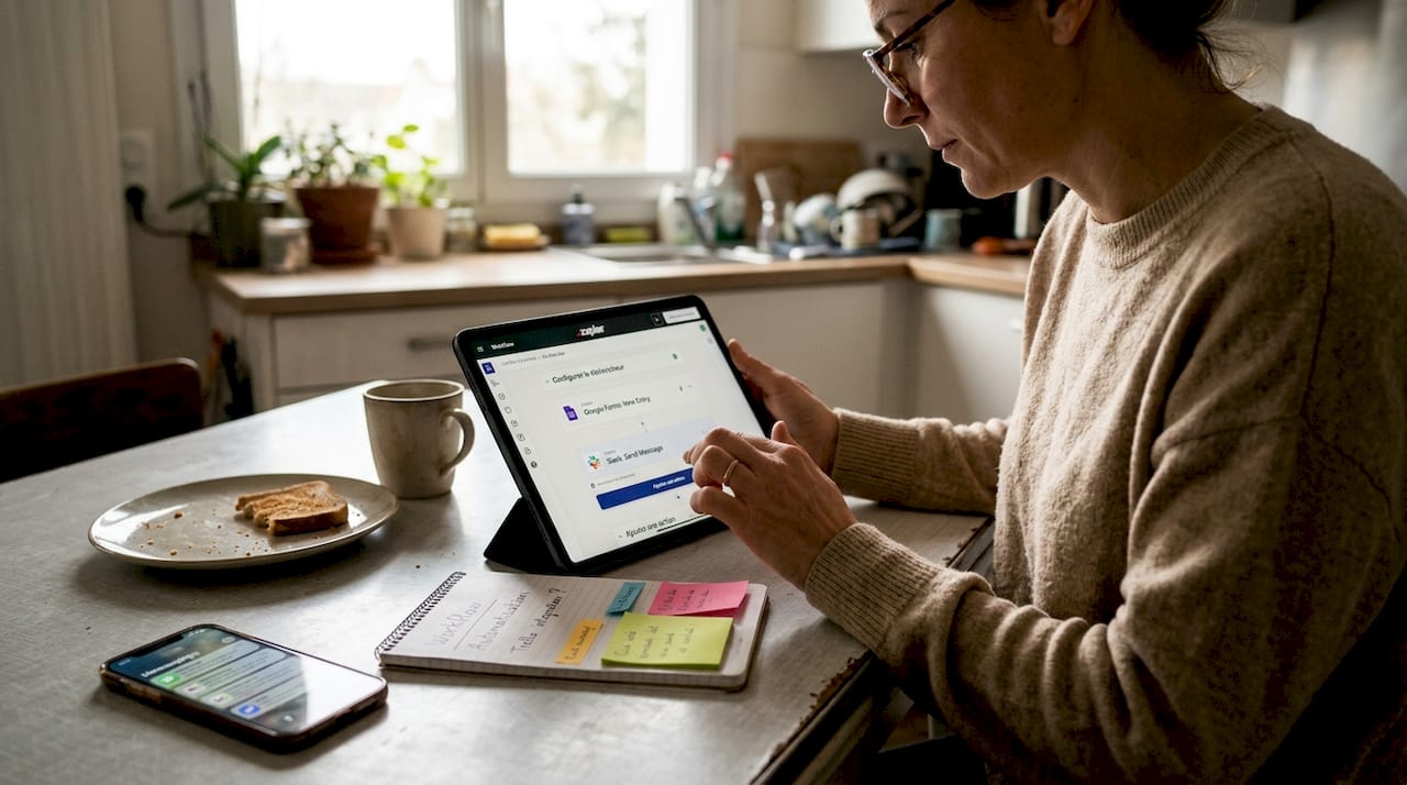 Une femme paramètre Zapier sur sa tablette