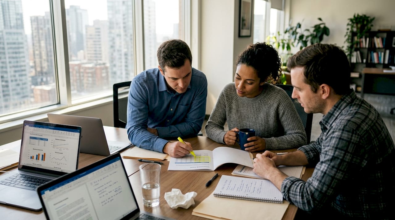 L’équipe passe en revue un rapport comparatif sur les solutions d’intelligence artificielle.