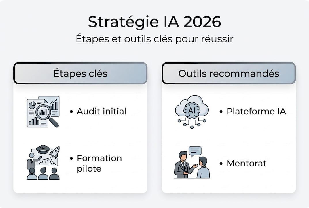 Découvrez en un coup d’œil les différentes étapes clés et les outils indispensables pour mettre en place une stratégie d’intelligence artificielle efficace.