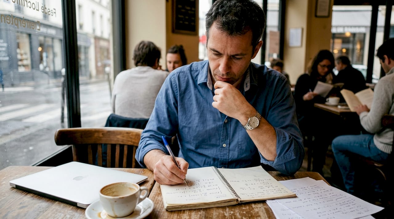 Un homme griffonne des formules mathématiques sur son carnet, installé à la terrasse d’un café.