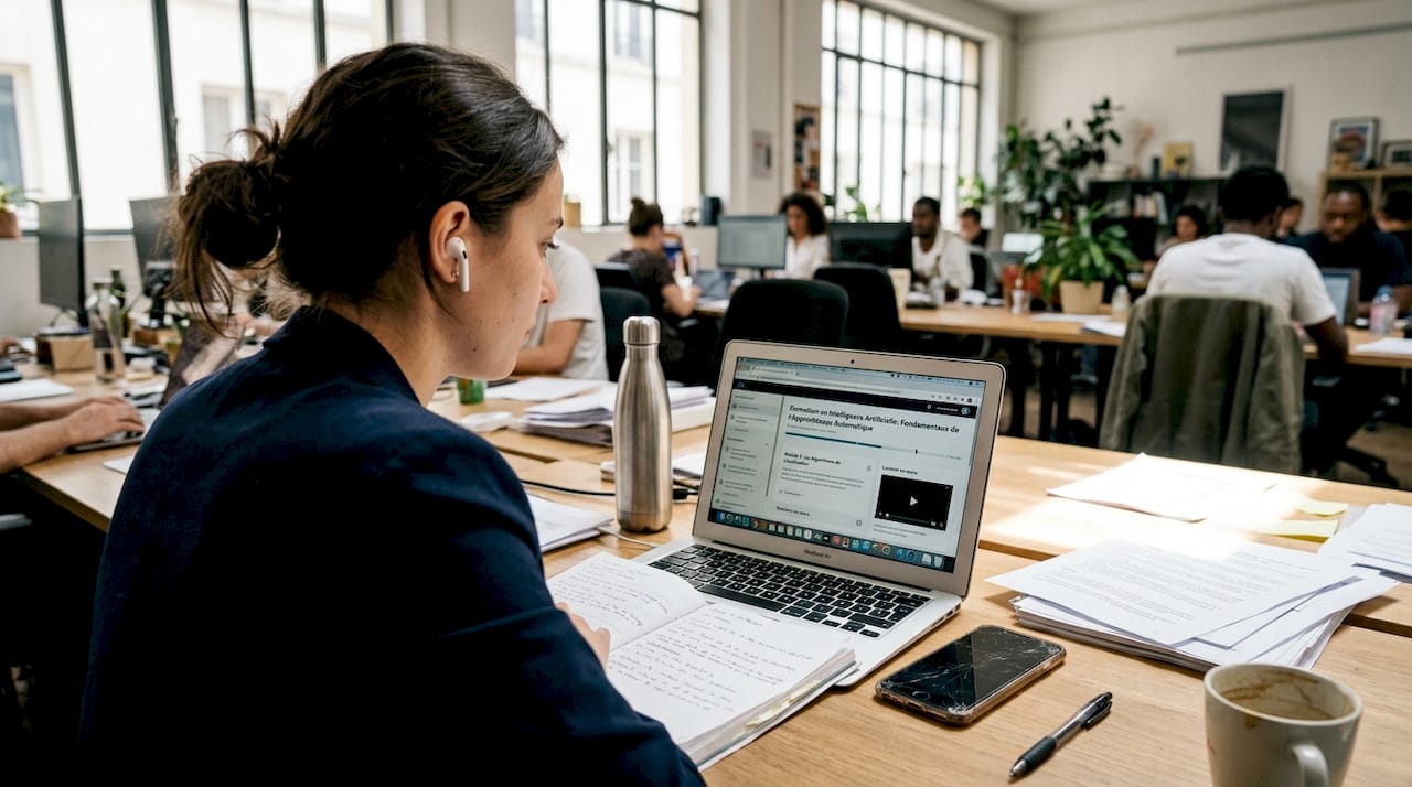 Un collaborateur suit une formation sur l’intelligence artificielle depuis son ordinateur portable.