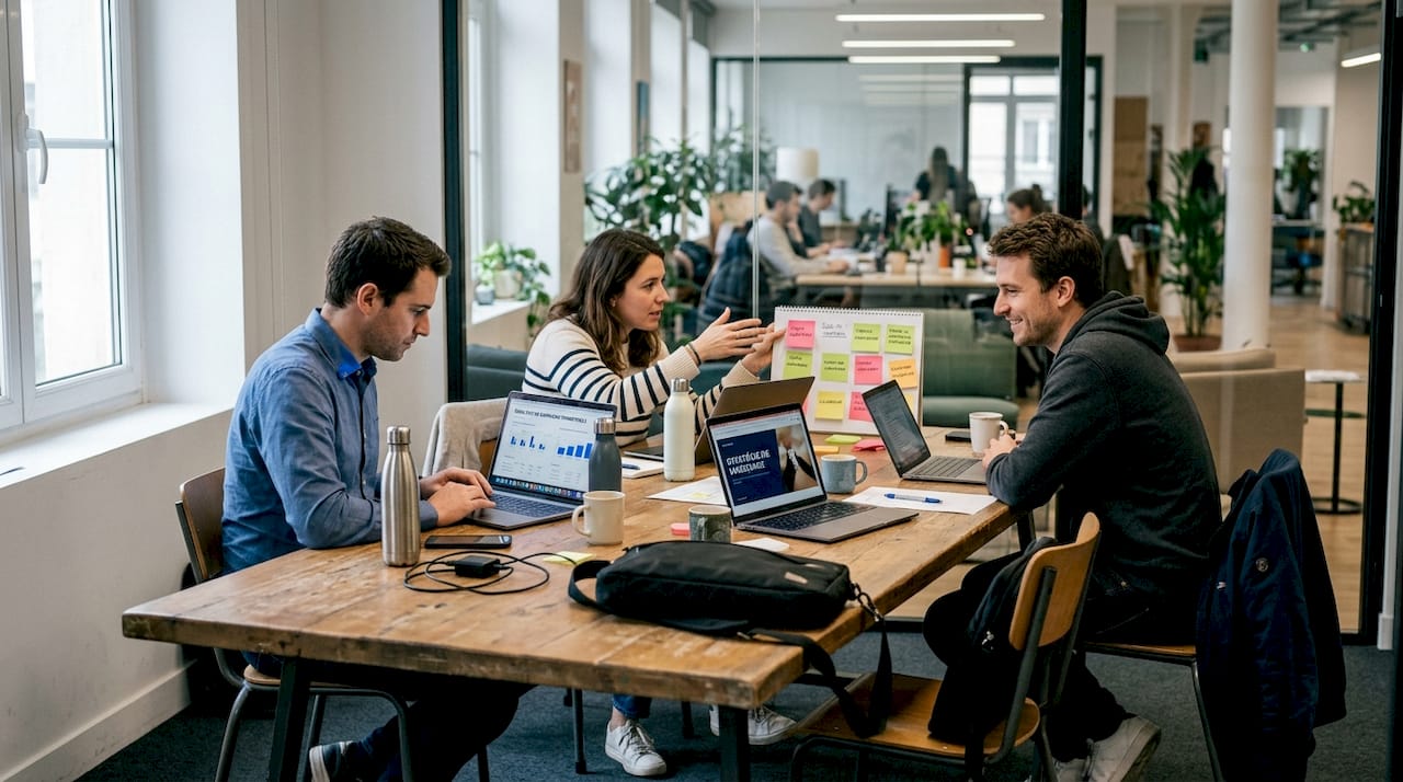 L’équipe échange autour des meilleures stratégies pour booster leur présence en ligne.