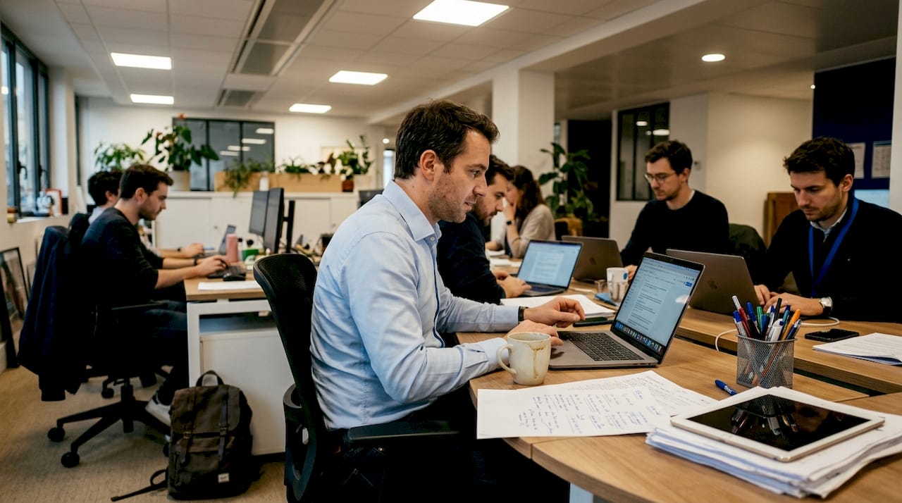 Une équipe s’affaire à mettre en place un projet d’intelligence artificielle en plein cœur de l’open space.