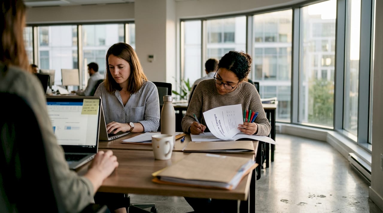 Des marketeurs en open space en pleine analyse des tâches réalisées par l’IA