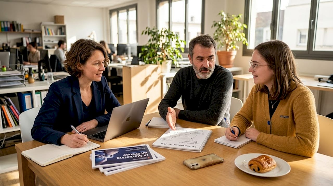 Des spécialistes du marketing échangent autour du contenu des formations en intelligence artificielle.