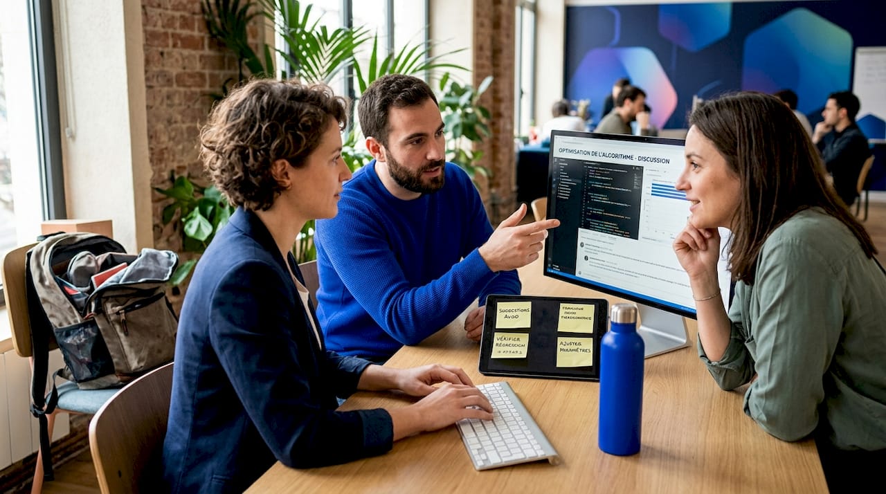 L’équipe discute des avancées du projet d’intelligence artificielle autour d’une table au bureau.