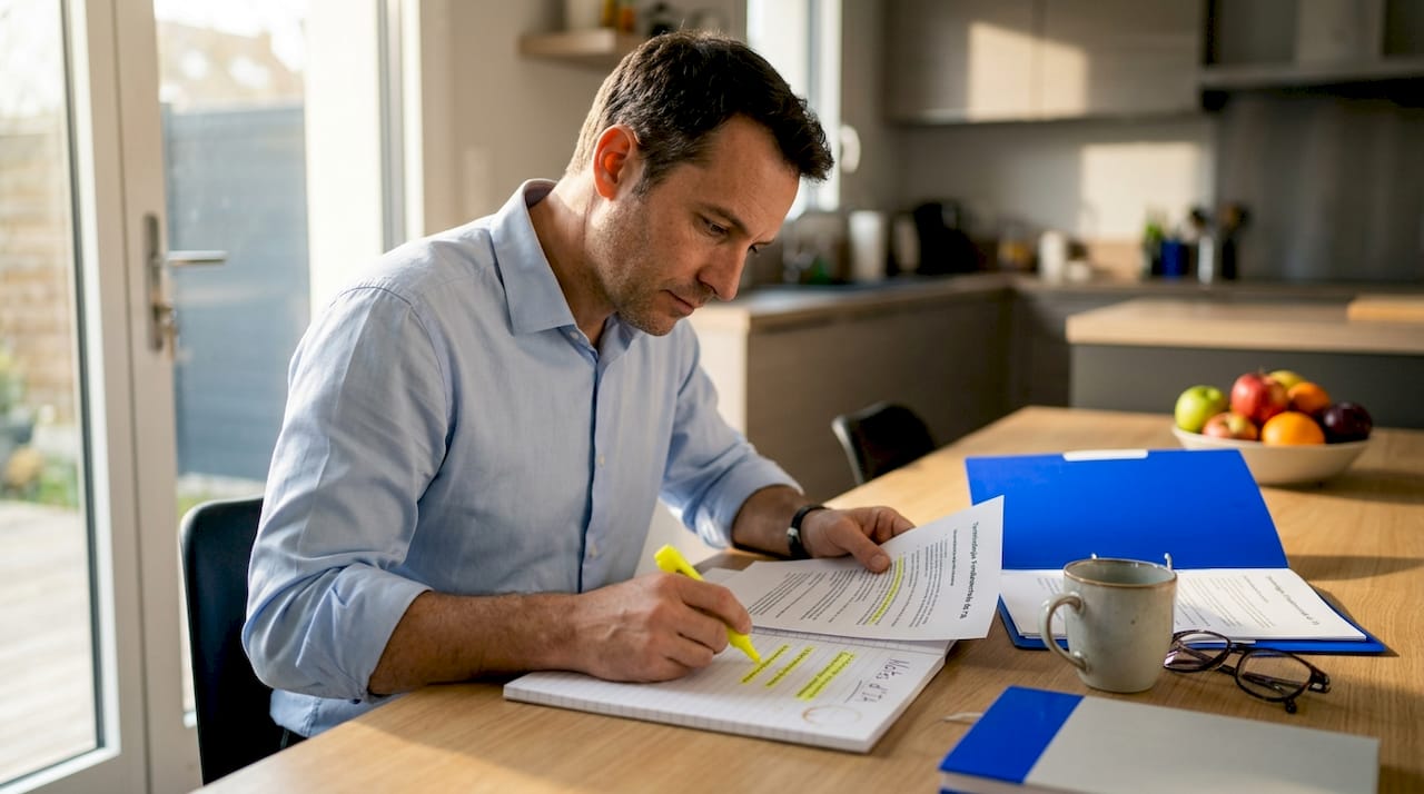 Un homme en train de surligner des notions clés liées à l’intelligence artificielle dans ses notes.