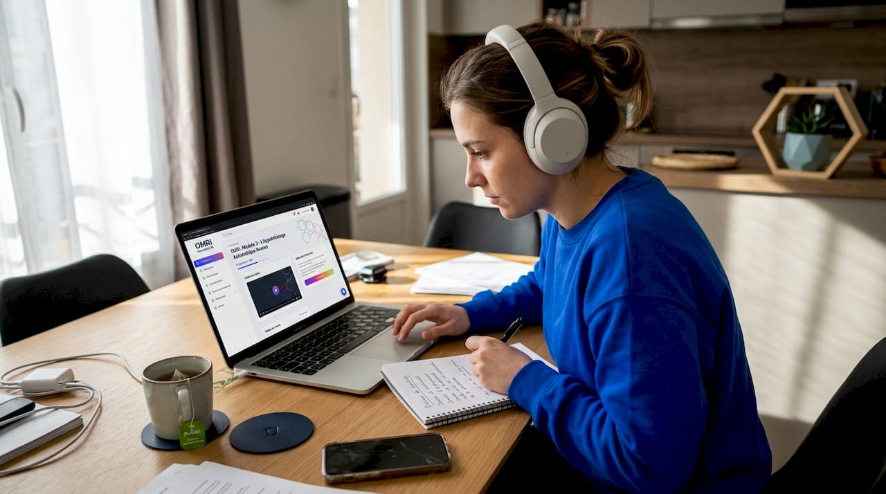Une femme se forme aux compétences en intelligence artificielle tout en travaillant depuis sa cuisine.