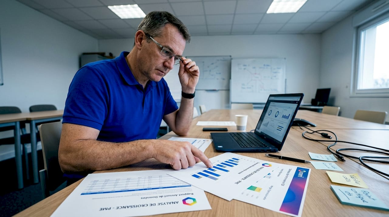 Dirigeant de PME en train d’étudier des tableaux de données