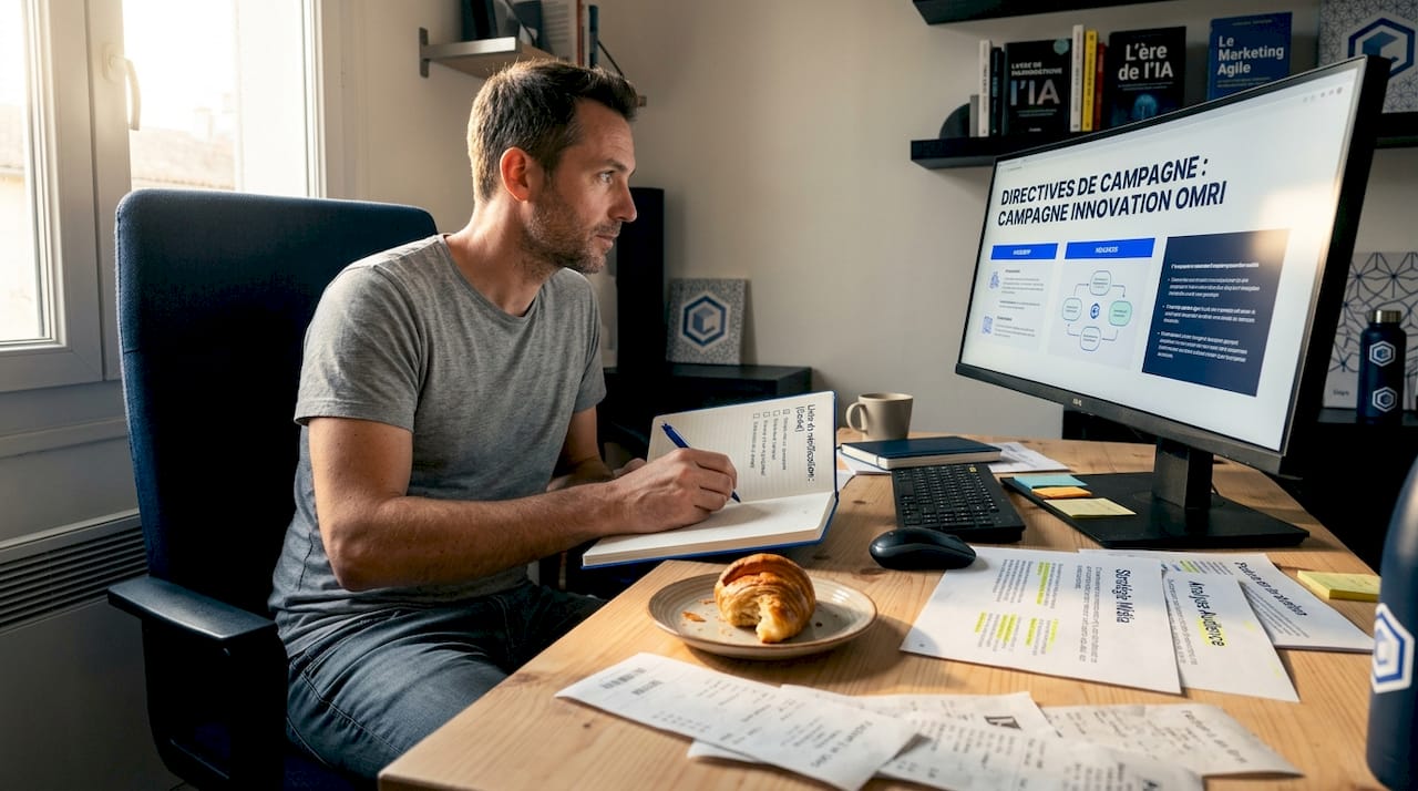 Un responsable marketing prépare le brief de sa prochaine campagne depuis son bureau à domicile.