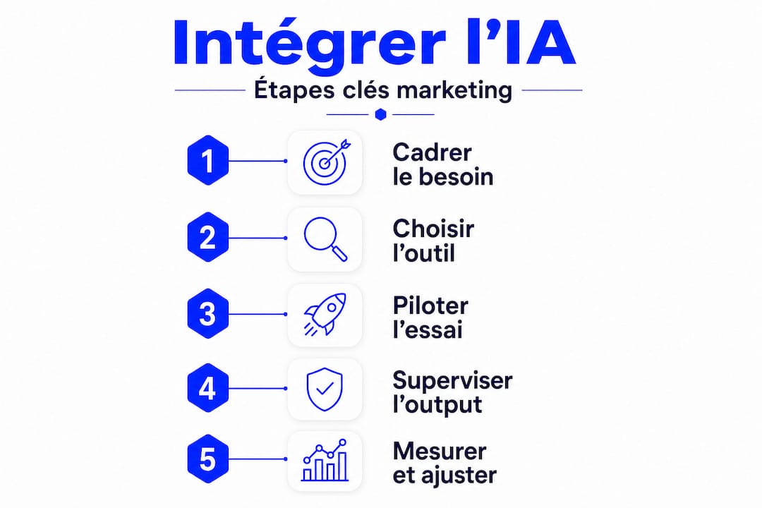 Infographie présentant les étapes clés pour intégrer l’IA dans sa stratégie marketing