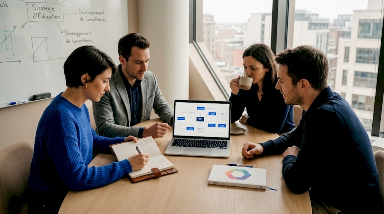 Une équipe professionnelle échange autour des solutions d’intelligence artificielle sans code lors d’une réunion.