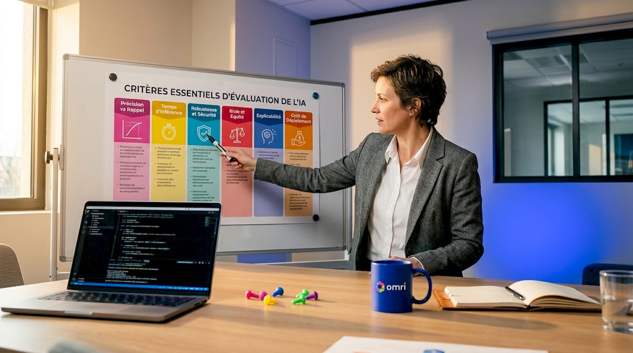 Une femme présente du doigt un tableau détaillant les critères d’évaluation de l’intelligence artificielle.
