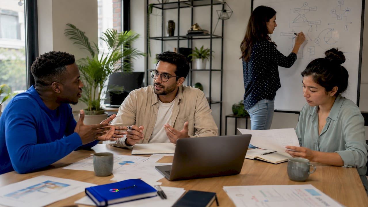 Des professionnels des ressources humaines échangent autour d’une table, réfléchissant à l’intégration de l’intelligence artificielle dans leurs pratiques.