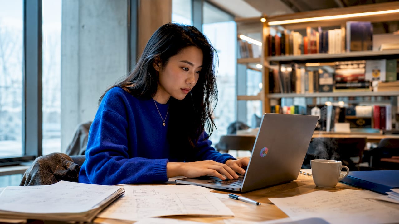 Des doigts s’activent sur le clavier d’un ordinateur portable, dans l’ambiance chaleureuse d’un café.