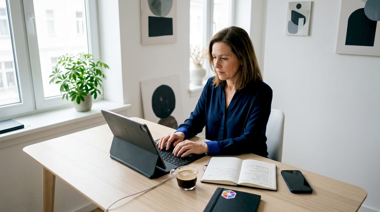 Des mains saisissent à l’ordinateur une liste de tâches routinières.