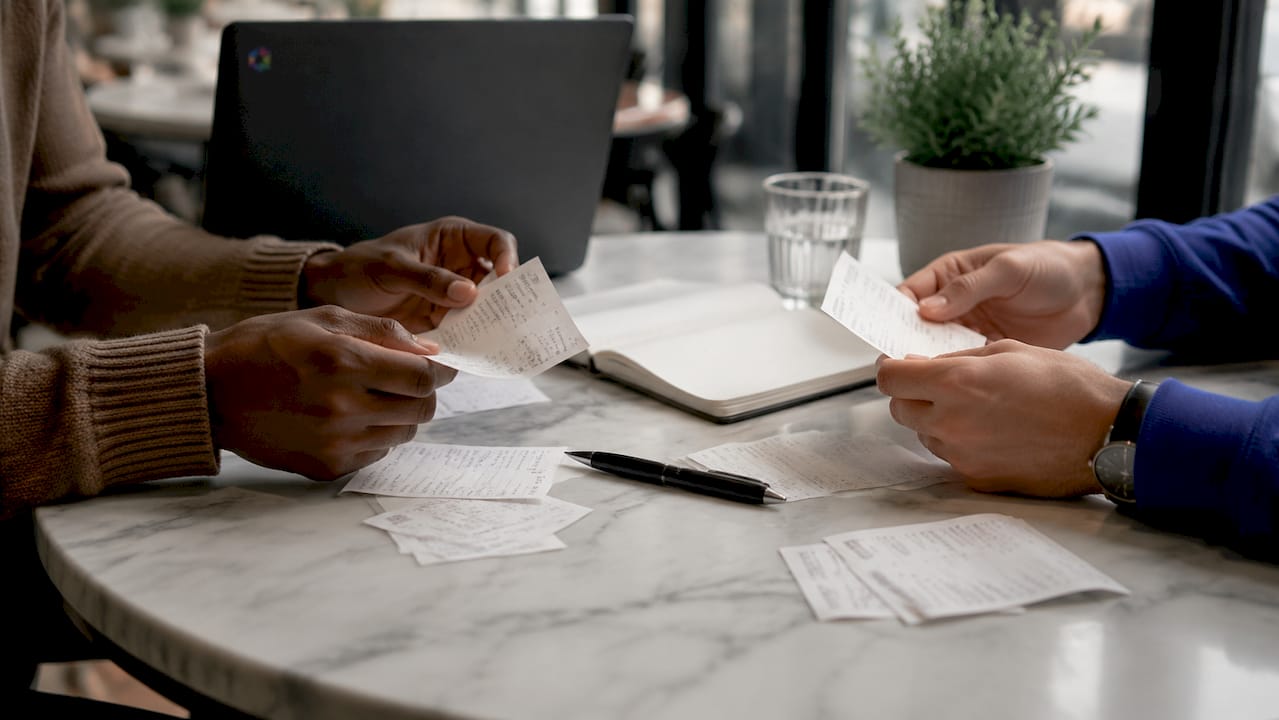 Des mains en train de classer des factures papier