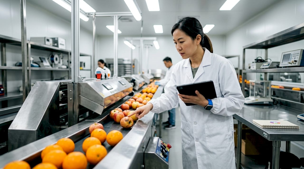 Opératrice effectuant le contrôle qualité des fruits sur la chaîne de production