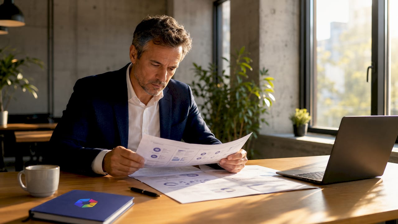 Un homme examine des dossiers sur l’intégration de l’intelligence artificielle, assis à son bureau.