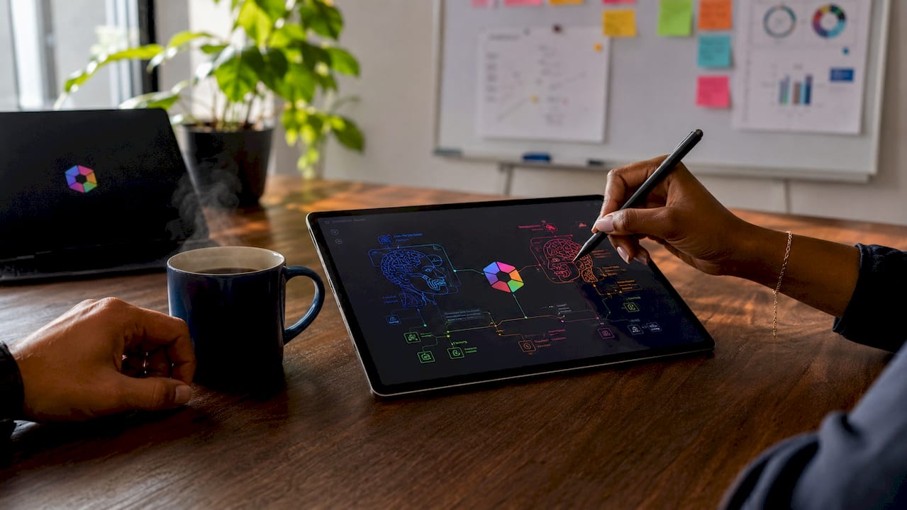 Des mains manipulant des tablettes pour comparer l’intelligence artificielle faible à l’intelligence artificielle forte.