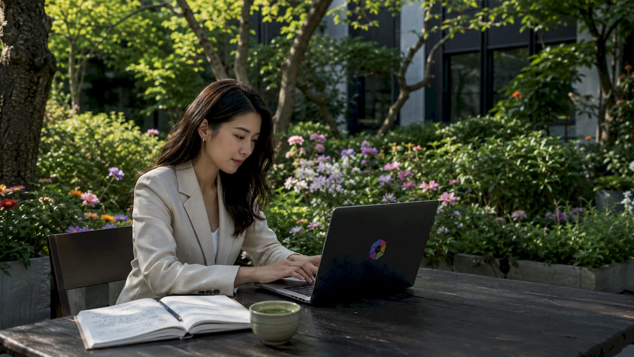 Une femme travaille tranquillement sur son ordinateur, ses mains posées sur le clavier dans l’ambiance sereine d’un bureau.