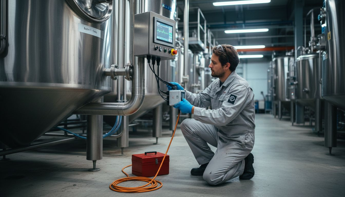 Technician installing AI sensor on mixing tank