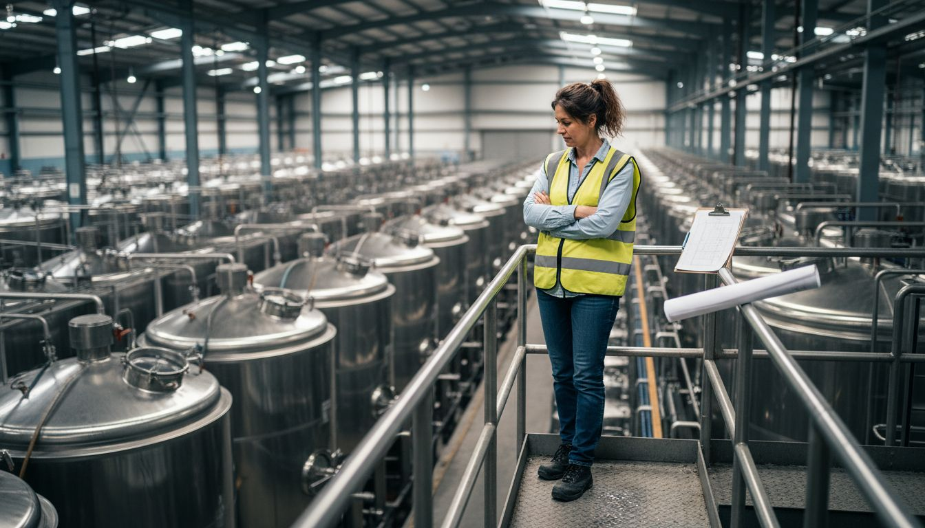Manager observing beverage production plant overview