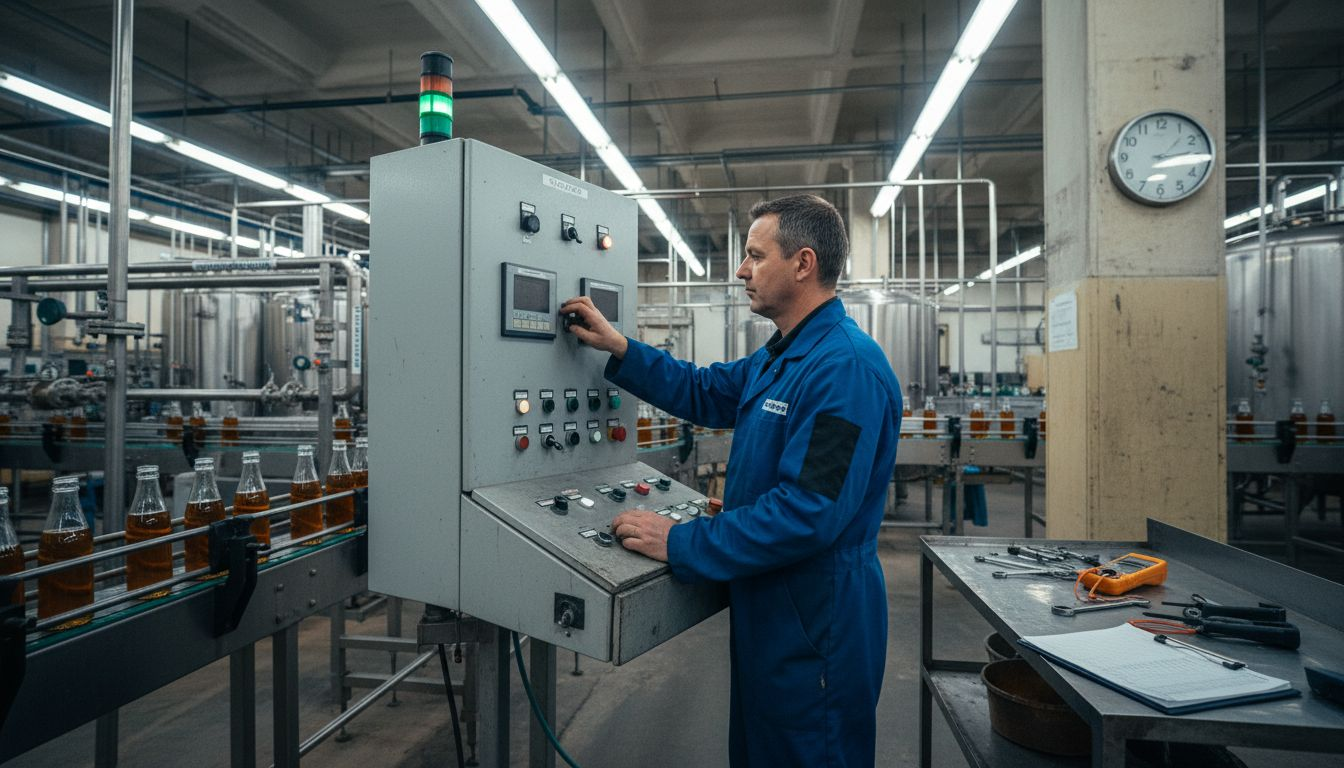 Technician checks bottling line in busy beverage plant