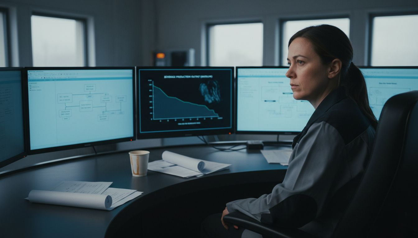 Engineer at control desk watching production monitors