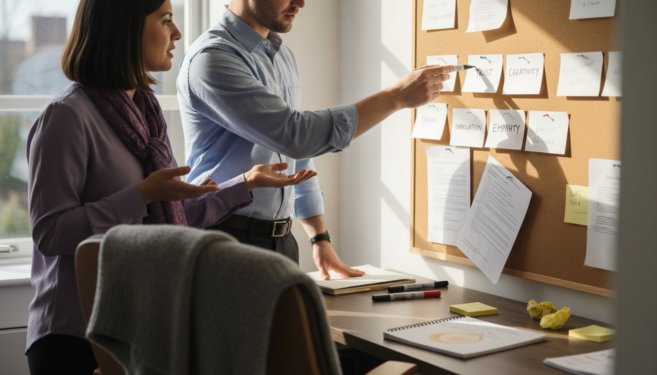 Team reviewing company values index cards
