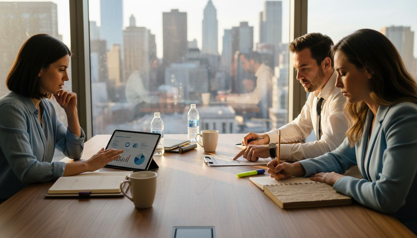 Team discussing sustainability strategy in boardroom
