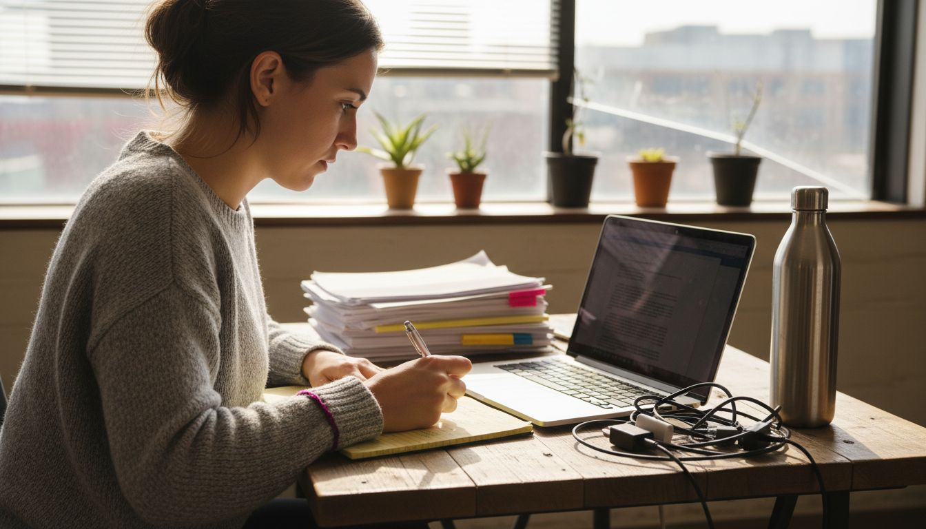 Entrepreneur reviewing business documents at desk