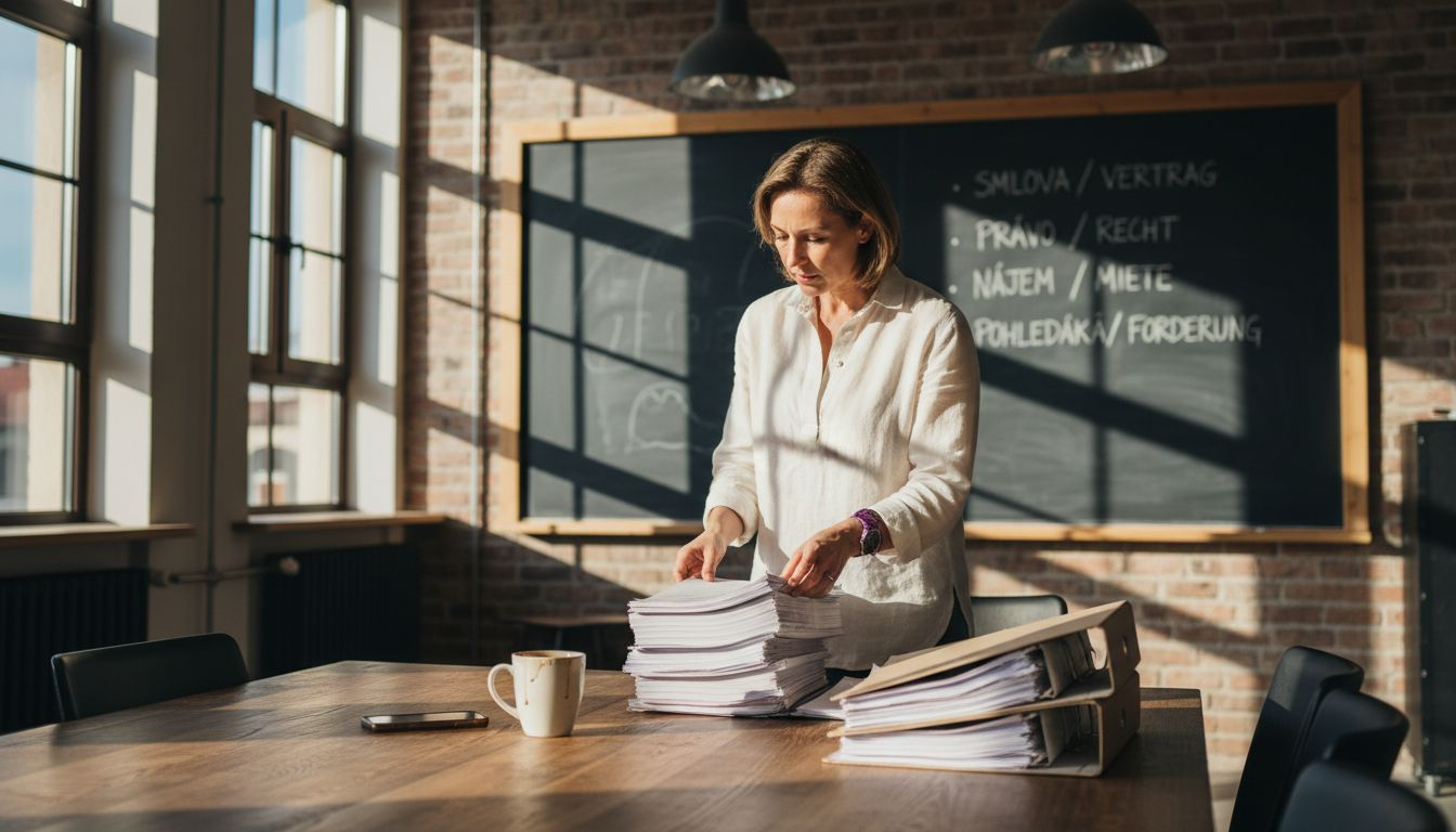 Woman sorting legal papers in coworking hub
