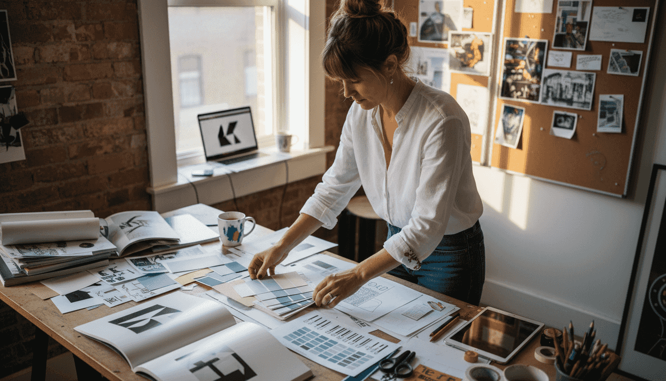 Designer organizing branding elements in studio
