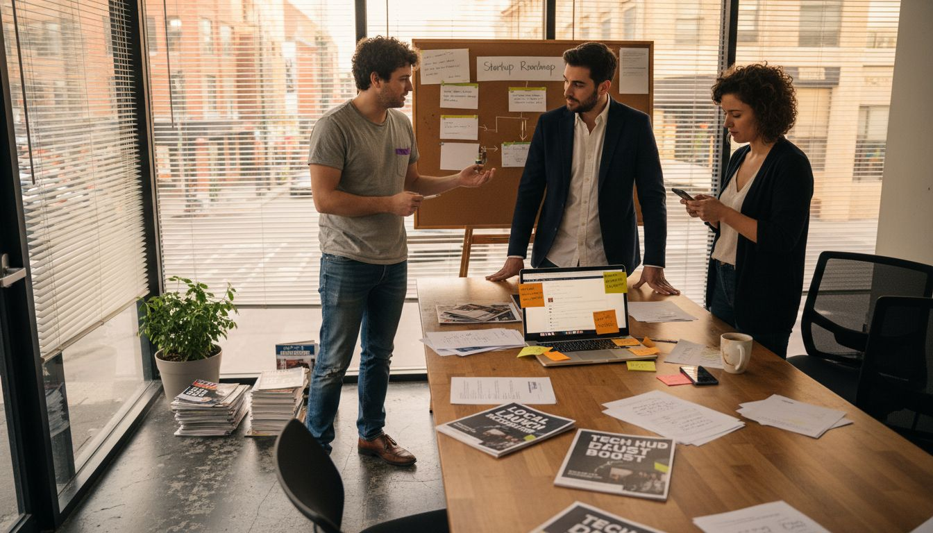 Startup team collaborating in co-working space