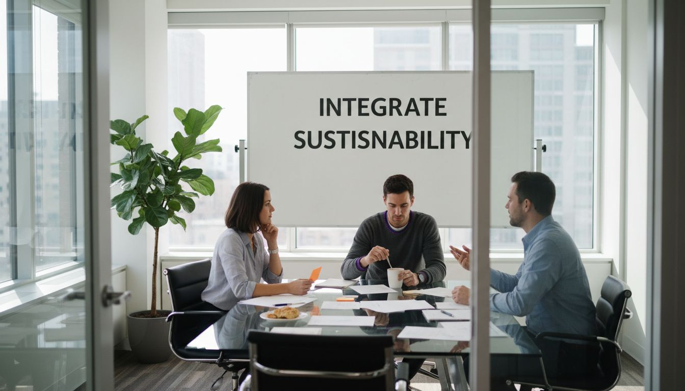 Team discusses sustainability at conference table