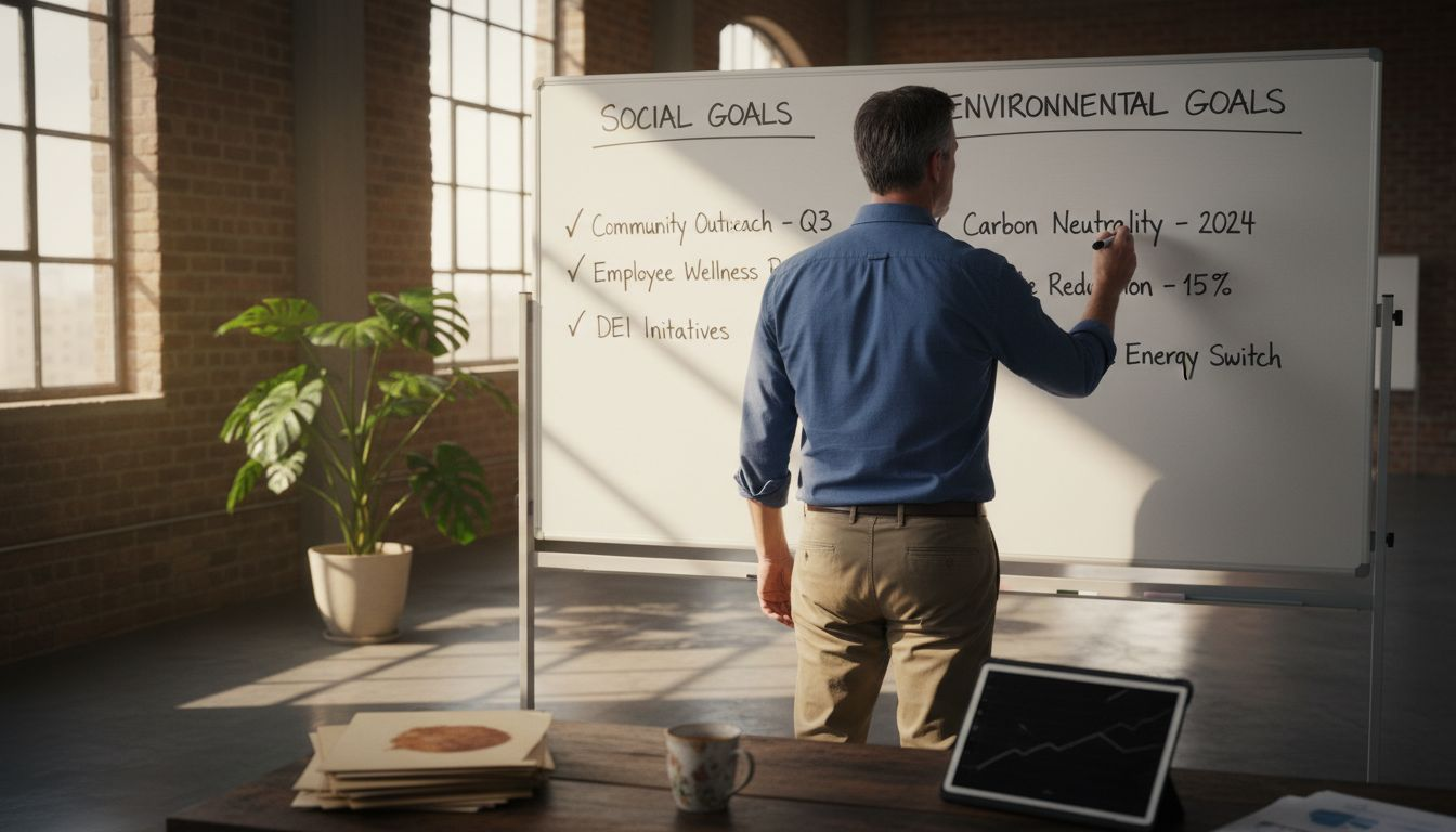 Man marking impact goals on office whiteboard