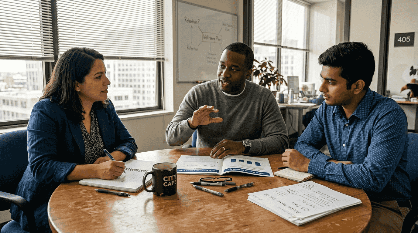 Team discusses well-being business report